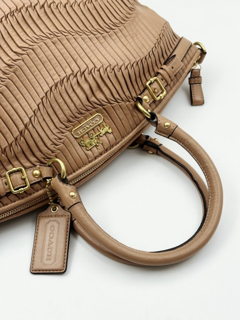 Coach Madison Gathered Leather Sophia Satchel Tan Brown Shoulder Crossbody Bag - Picture 9 of 13